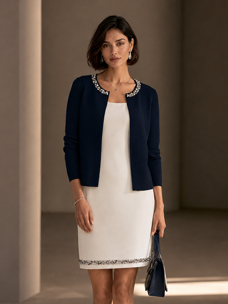 Women's Sequin Trim Elegant Cardigan Mini Dress Set MDZ2785H6GMJ