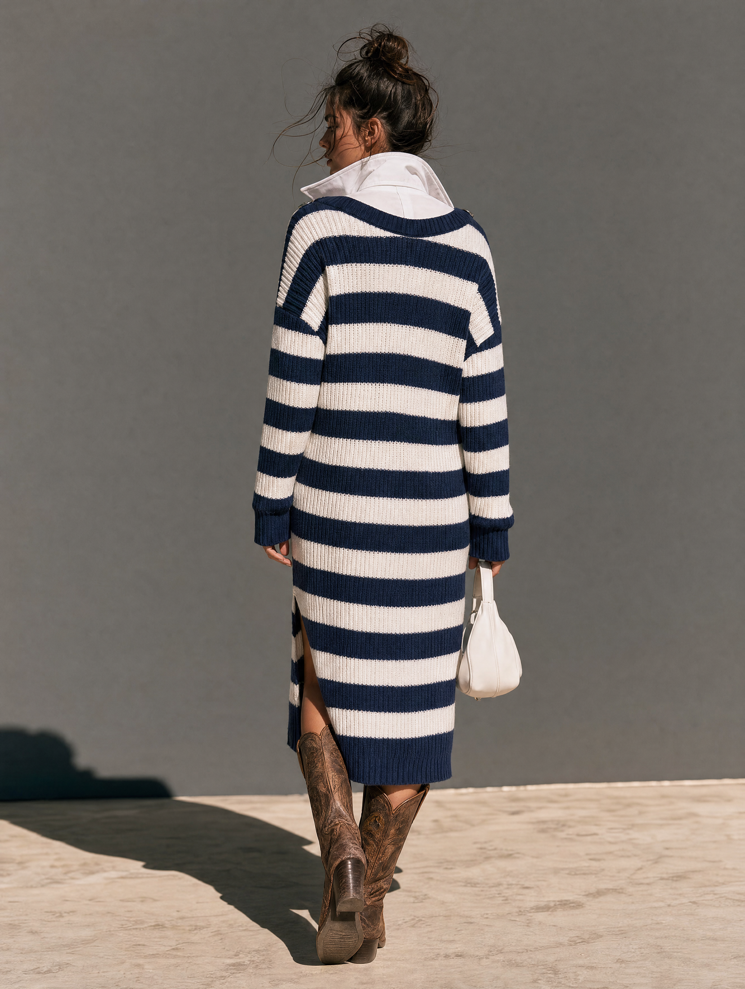 Women's Vintage Striped Shirt-collar Faux Two-piece Sweater Dress With Side Slits MDZ2160H6WY