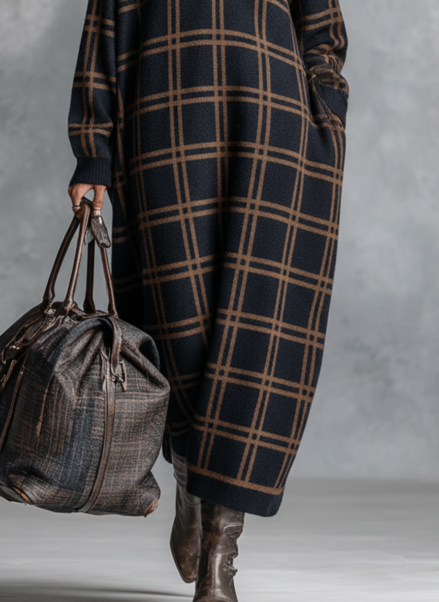 Women's Loose Plaid Zipper Neck Knitted Maxi Dress MDA1505J9Y