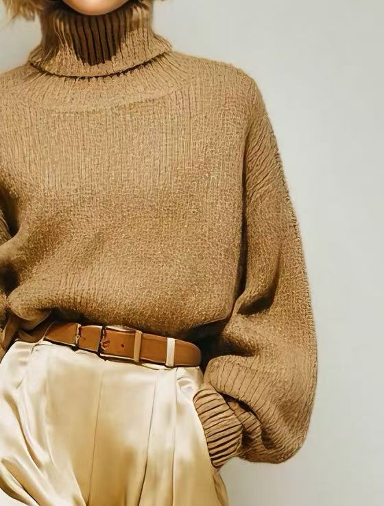 Woman's Elegant And Gentle Style Features A Camel-colored Loose-fitting Sweater With A Turn-down Collar, Paired With Beige Satin Wide-leg Cropped Trousers With A Glossy Finish MDA0680K4AN