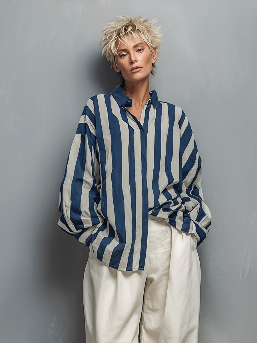 Women's Blue & White Striped Linen Set With Oversized Shirt & High-Waisted Trousers, Timeless Minimalist-Elegant Style Set MDZ2633B8I