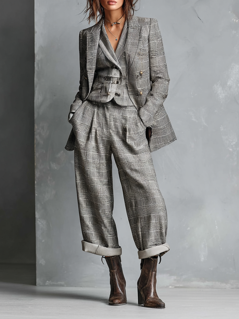 Women's Vintage Welsh Check Double-Breasted Blazer And Straight-Leg Pants Set MDA1802H3Y