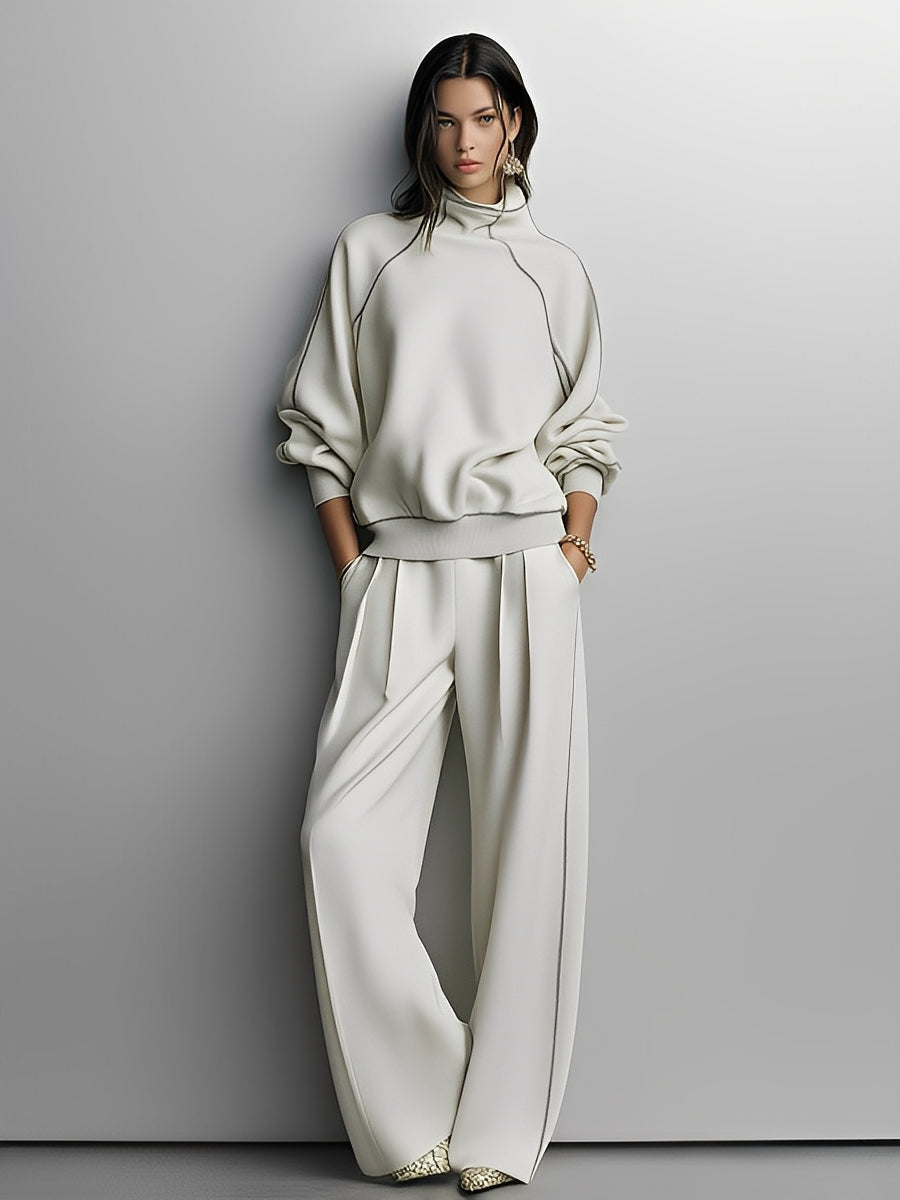 Women's Beige Textured Knit Co-Ord Set With Contrast Piping & Pleated Pants, Effortless Chic Style Set MDA2765J1I