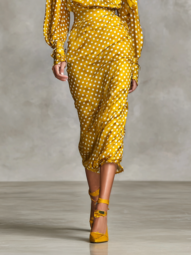 Women's Vintage Satin Polka Dot Print Shirt And Skirt Two-Piece Set (Includes Scarf) MDA3073G0Y