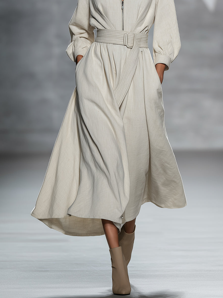 Women's Beige Chic Linen - Blend Belted Wrap Midi Dress MDA0677H3I