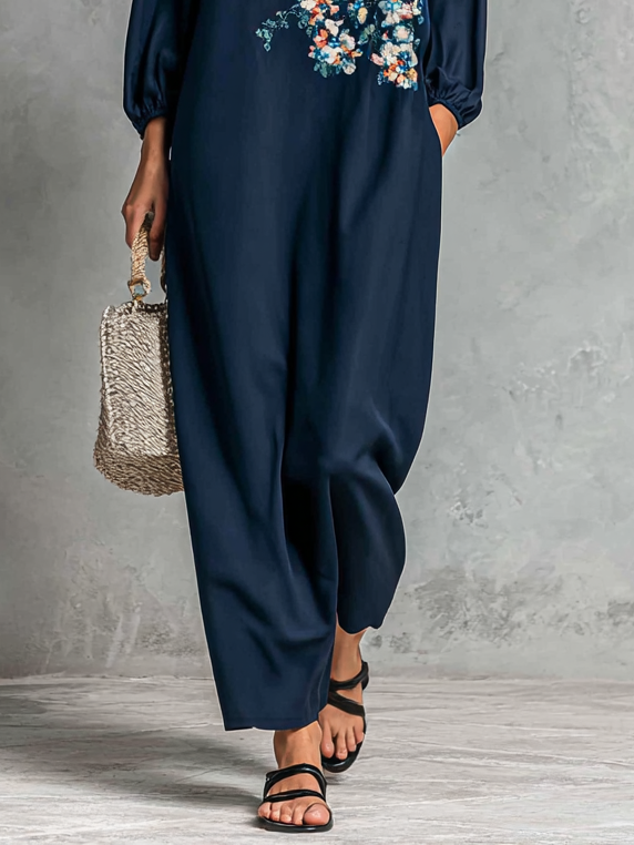 Women's Cotton And Linen Blend Floral Embroidery Maxi Dress MDA1430H9Y