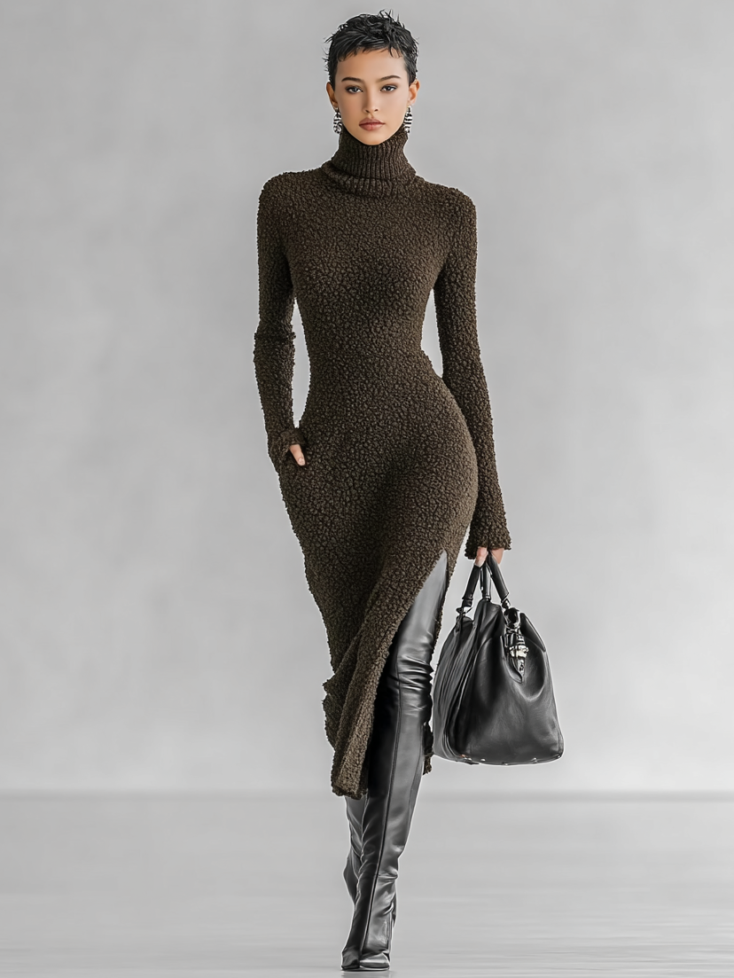 Women's Slim Fit Plush Knitted High Neck Side Slit Midi Dress MDA1401J4Y