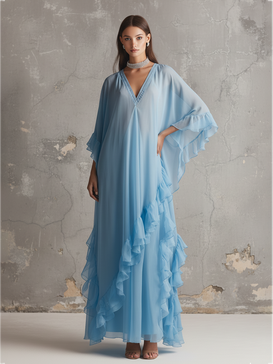 Women's Sky Blue Chiffon Dress With Deep V-Neck & Layered Ruffles, Timeless Romantic-Glam Style Dress MDA2239L1I