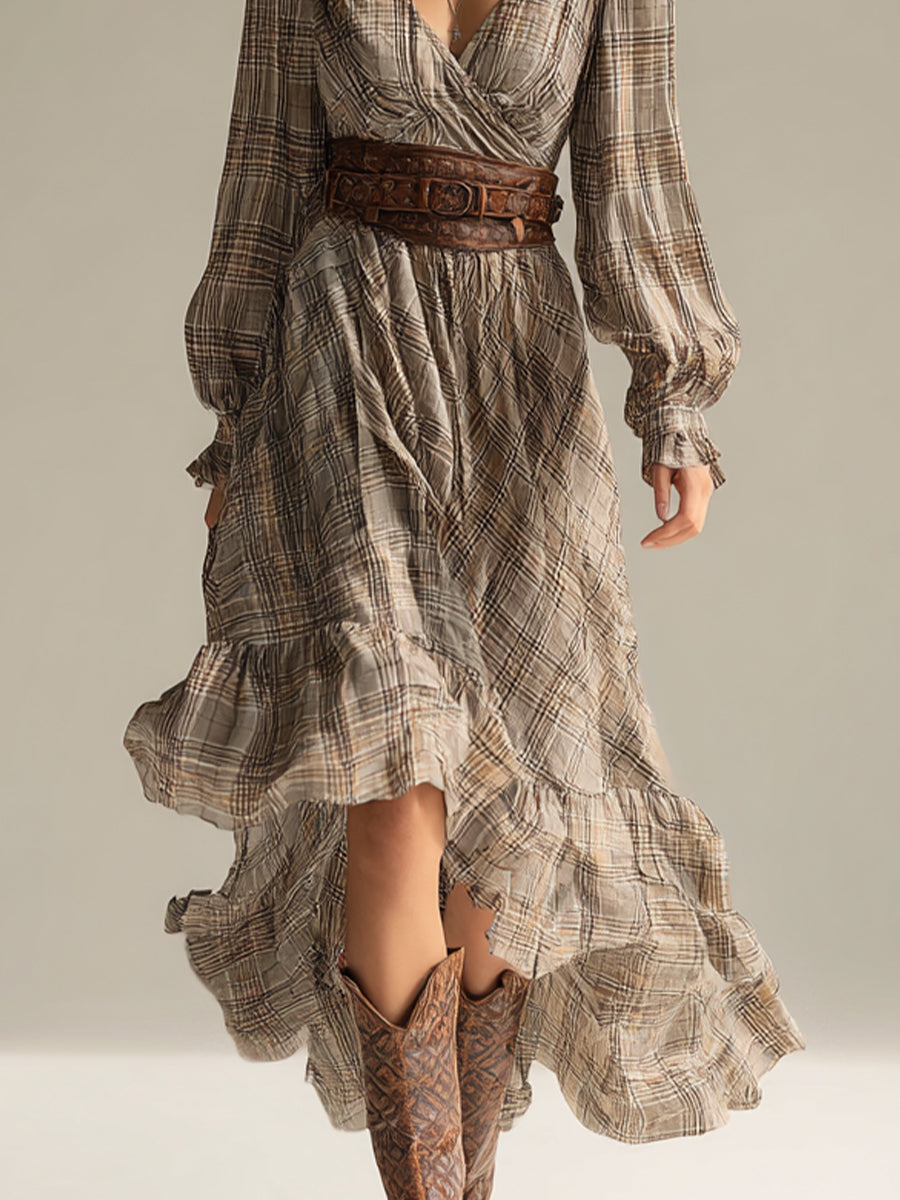 Women's Beige - Plaid Bohemian Chiffon Ruffled Midi Dress (without Belt) MDA0679H1I