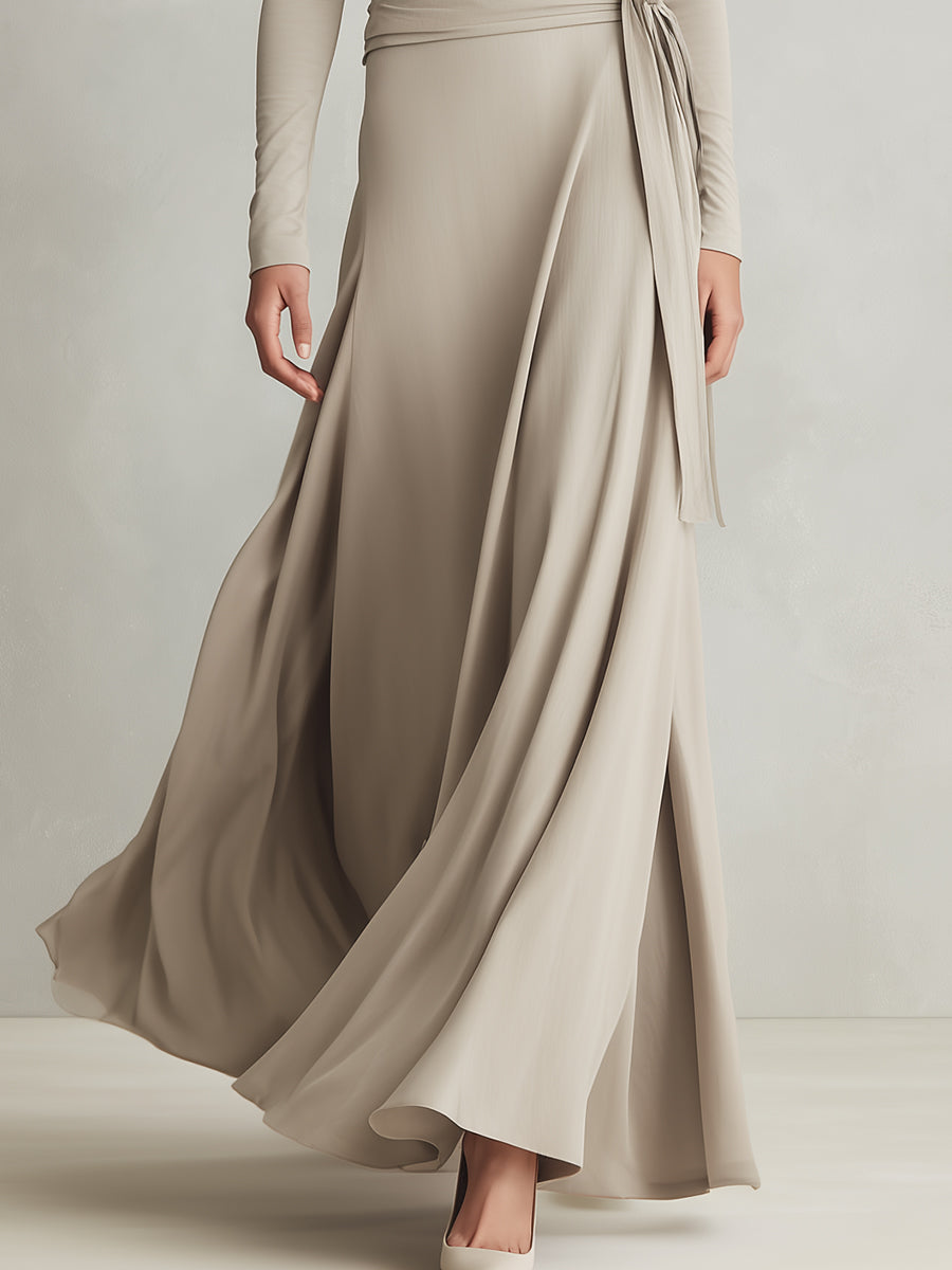 Women's Light Beige Flowing Gown With Crew Neck & Cinched Detail, Sophisticated Formal Style Maxi Dress MDA1502L1I