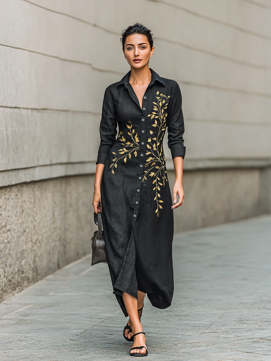 Women's Cotton And Linen Blend Leaf Embroidered Shirt Maxi Dress MDA1415H1Y