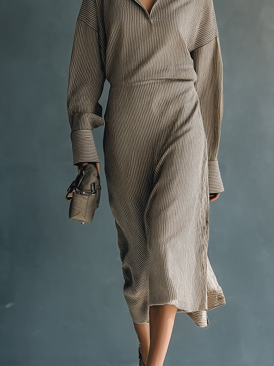 Women's Taupe Striped Chic Cotton - Blend Shirt Midi Dress MDA1152H9I