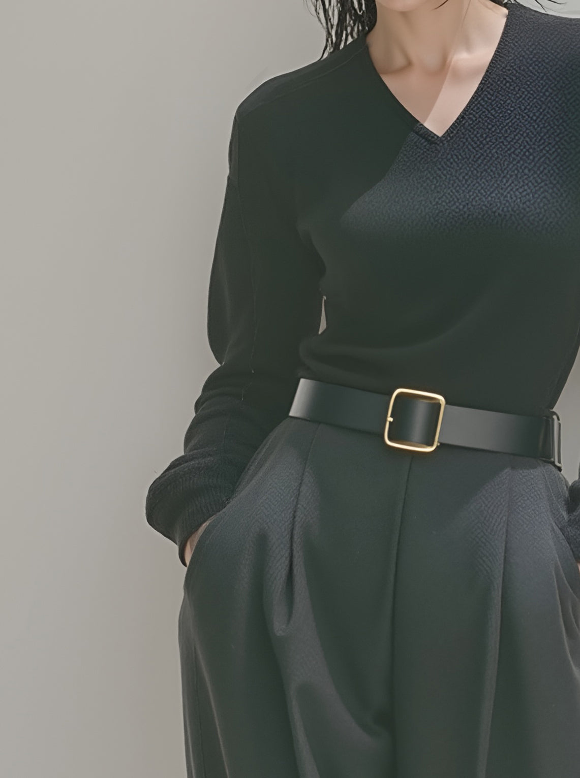 Women's Elegant And Simple V-neck Slim-fit Long-sleeved Dark Gray Knit Top Paired With Gray Wide-leg Suit Trousers MDA0888K5AN