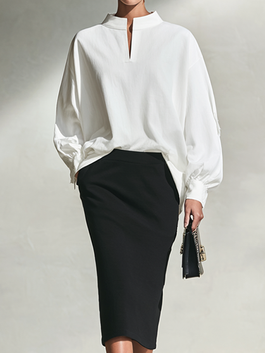 Women's White Stand-Collar Blouse With Black Midi Skirt Set MDA0802L5AP