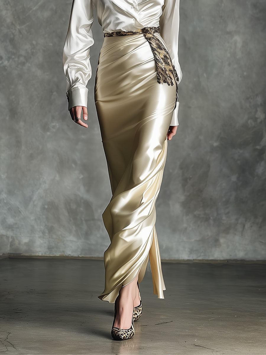 Women's Ivory & Gold Elegant Satin Shirt & Leopard - Belted Midi Skirt Set (Without Belt) MDA2241H0I