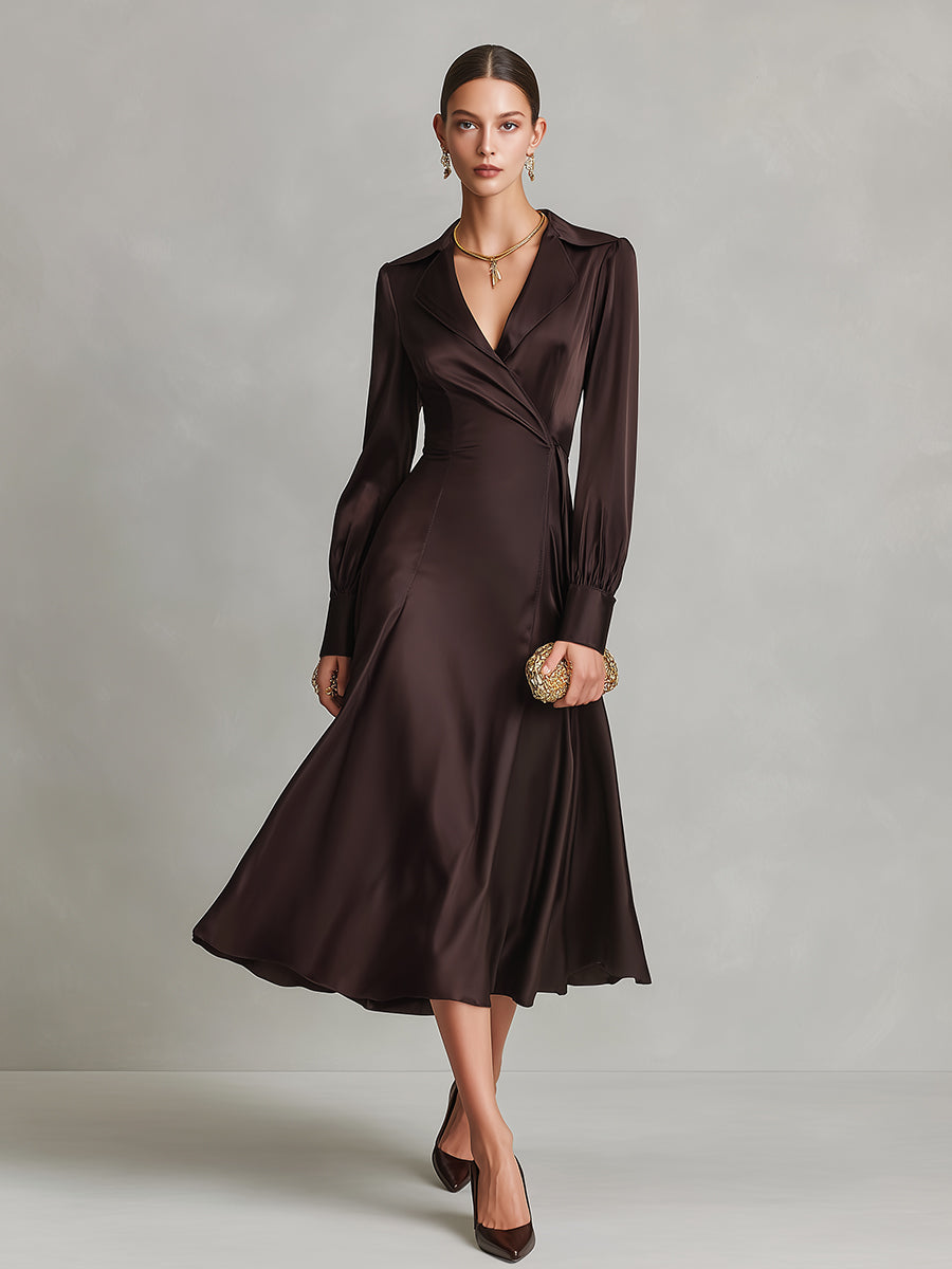 Women's Dark Brown Satin Elegant Lapel Wrap Midi Dress MDA2746K5I