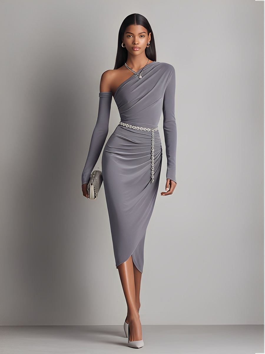 Women's Pale Gray Fitted Midi Dress With Cold-Shoulder Sleeve & Embellished Waist, Sophisticated Formal-Cocktail Style Dress MDA1749L0I