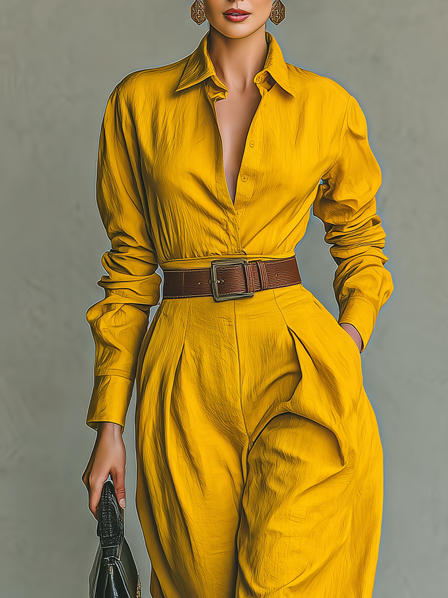 Women's Yellow Cotton-Linen Blend Cinched Waist Jumpsuit MDA2904G4T