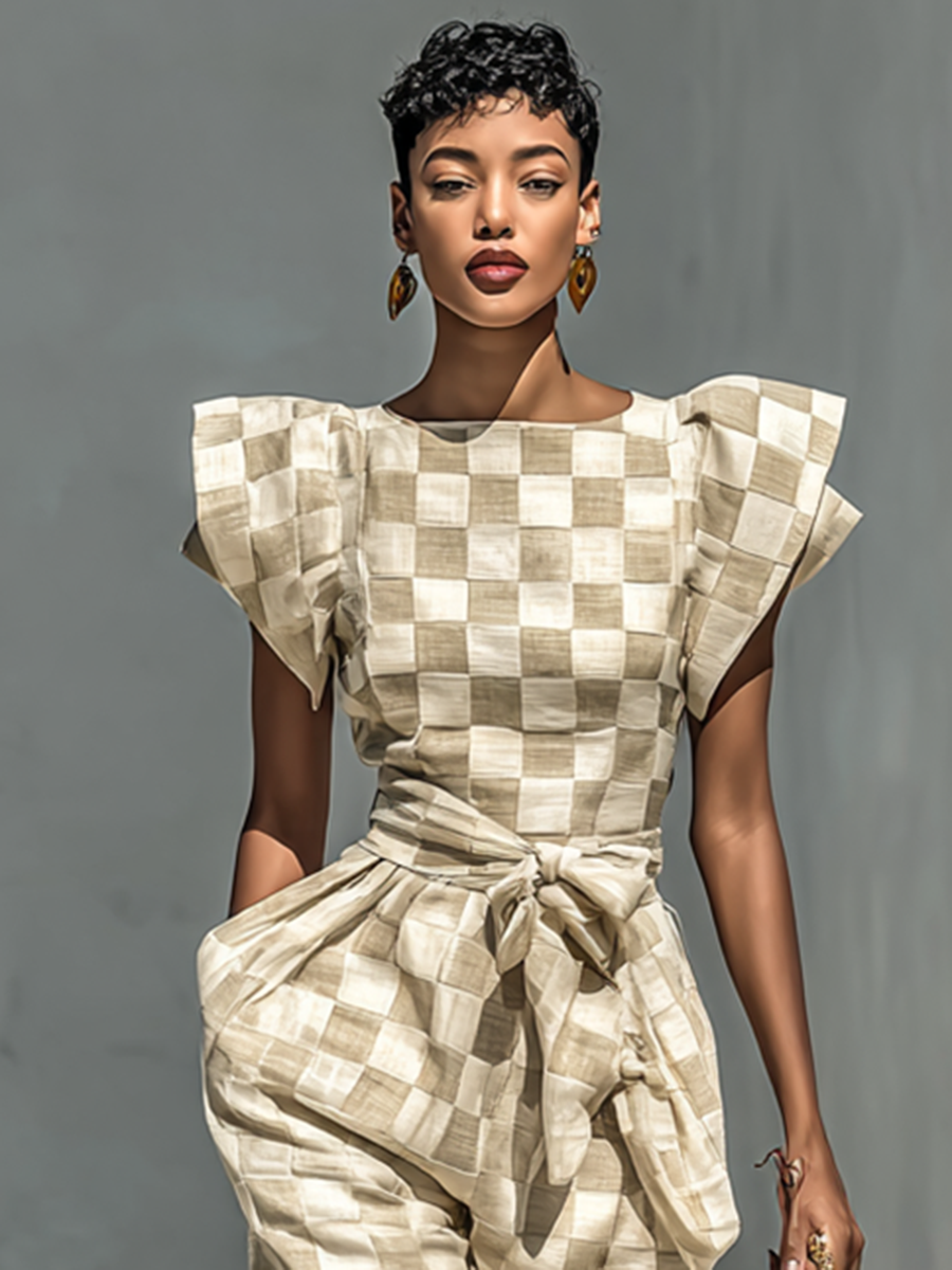 Women's Checkered Flutter Sleeve Belted Jumpsuit MDA1100G7Y