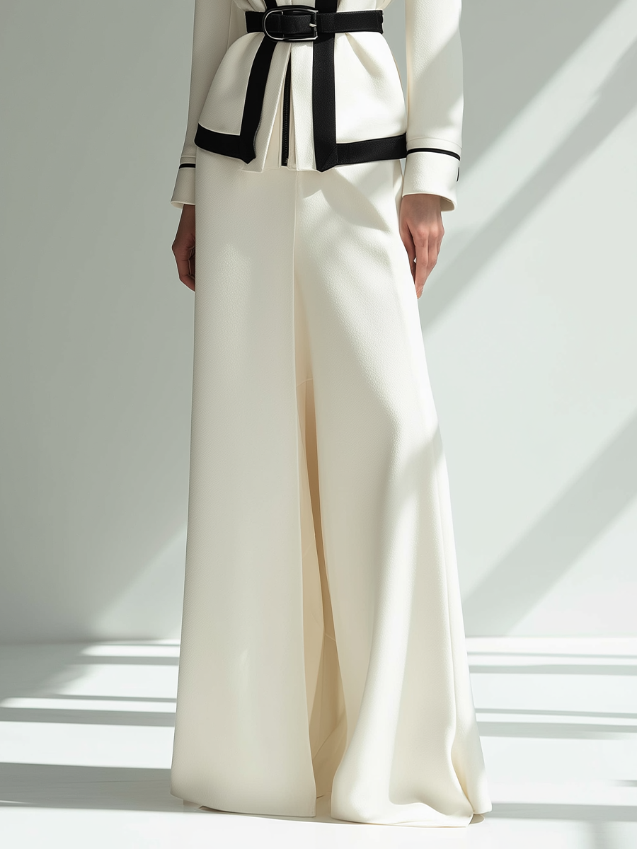 Women's White And Black Cotton Blend Fitted Short Jacket And Wide-leg Pants Set MDA0482K3T