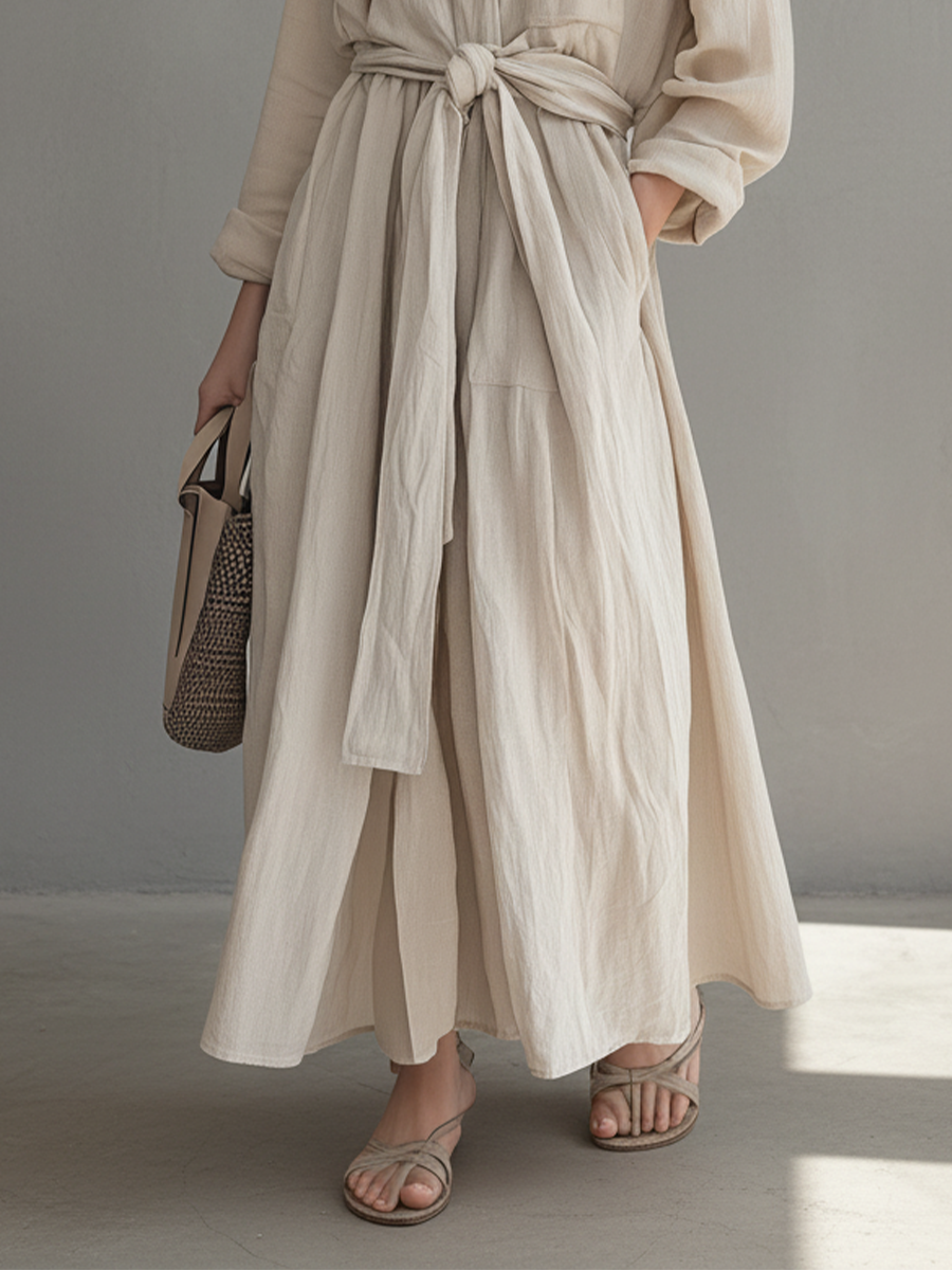 Women's Off-white Cotton-linen Blend Loose-fitting Waist-cinching Long Dress MDA2878K0T