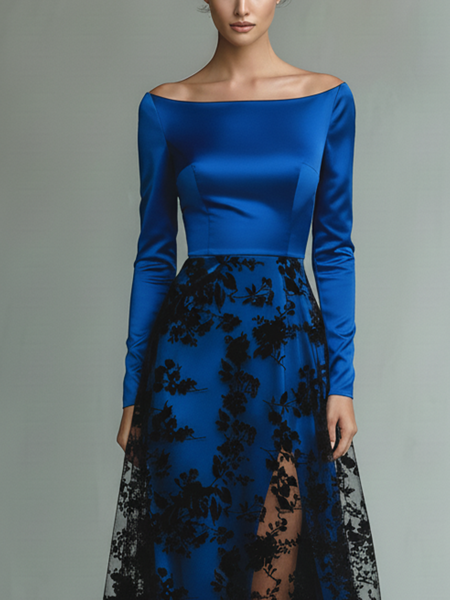 Women Royal Blue Satin Lace Overlay Off Shoulder Gown Maxi Dress MDA1866L4T