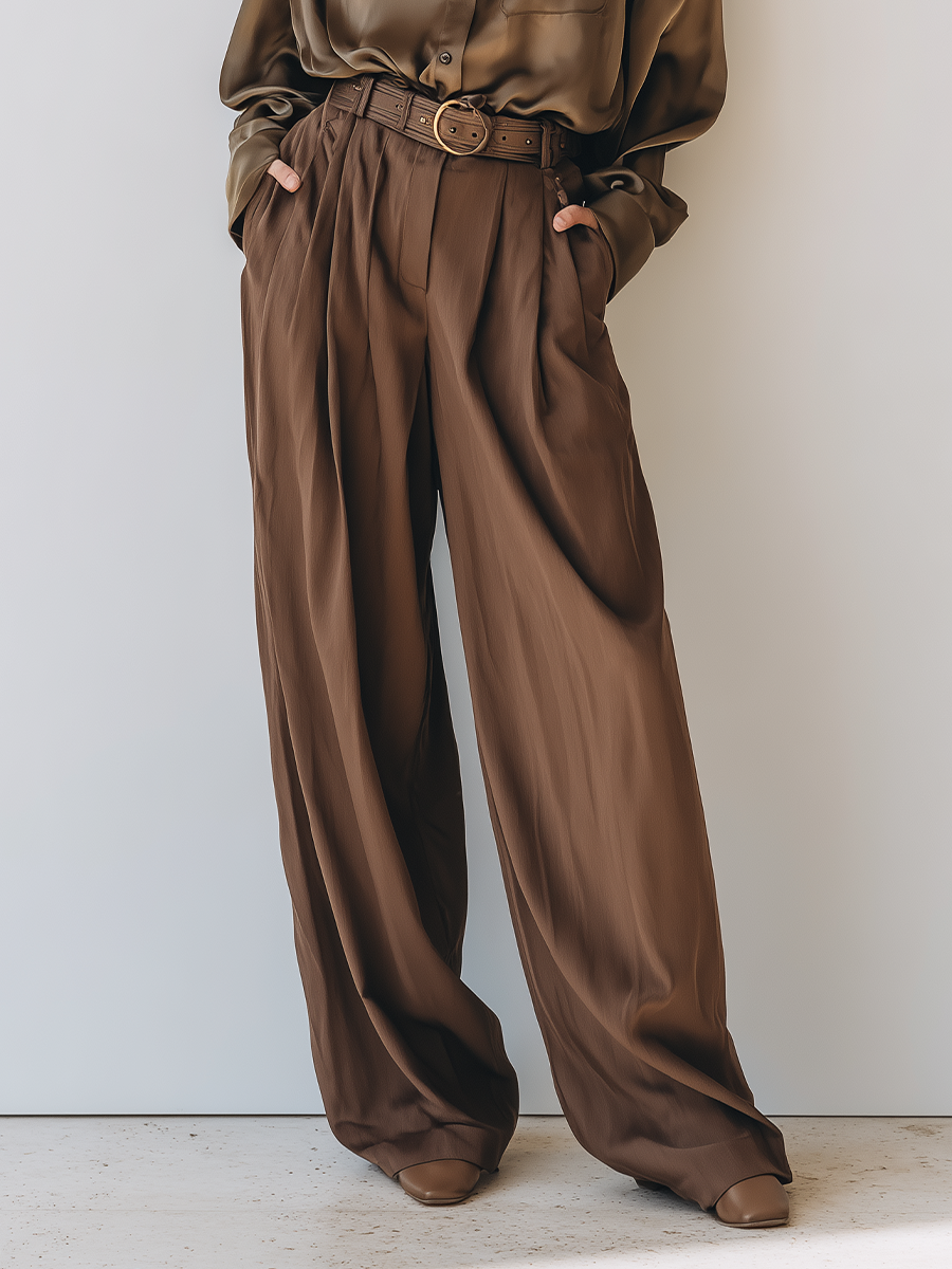 Women's Chocolate Brown Loose-fitting Shirt And Wide-leg Trousers Set MDA0936L7T