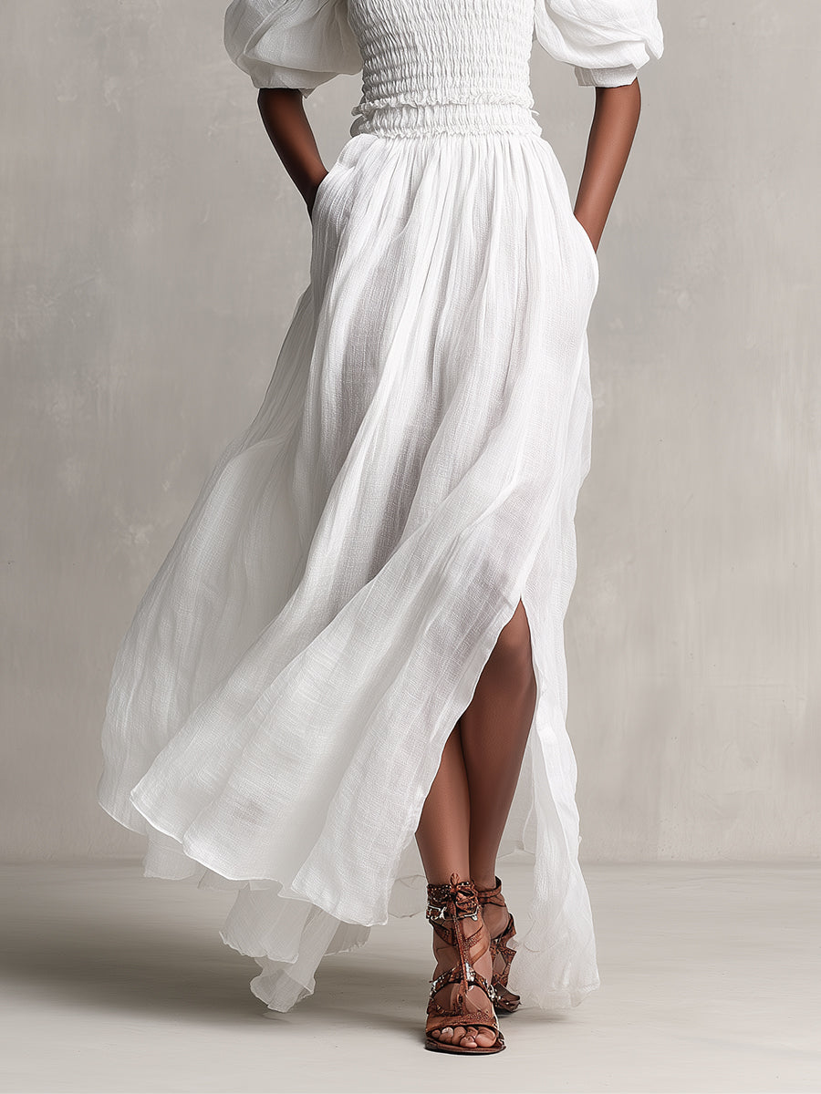 Women's White Linen-Blend Dress With Off-the-Shoulder Design & Puff Sleeves, Timeless Romantic-Chic Style Dress MDZ1297A7I