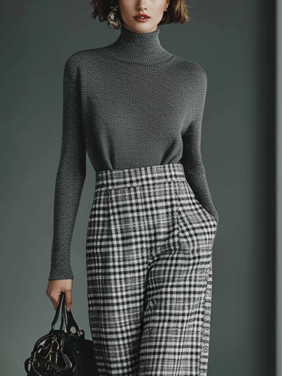 Women's Grey Knit Turtleneck Top Paired With A Black And White Checkered Wool Straight Skirt Set MDA2593J6T
