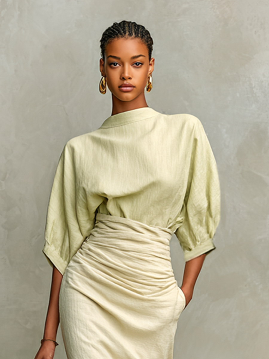 Women's Solid Color Cotton And Linen Blended Half-high Collar Mid-sleeve One-step Skirt Two-piece Set MDA1974G6Y