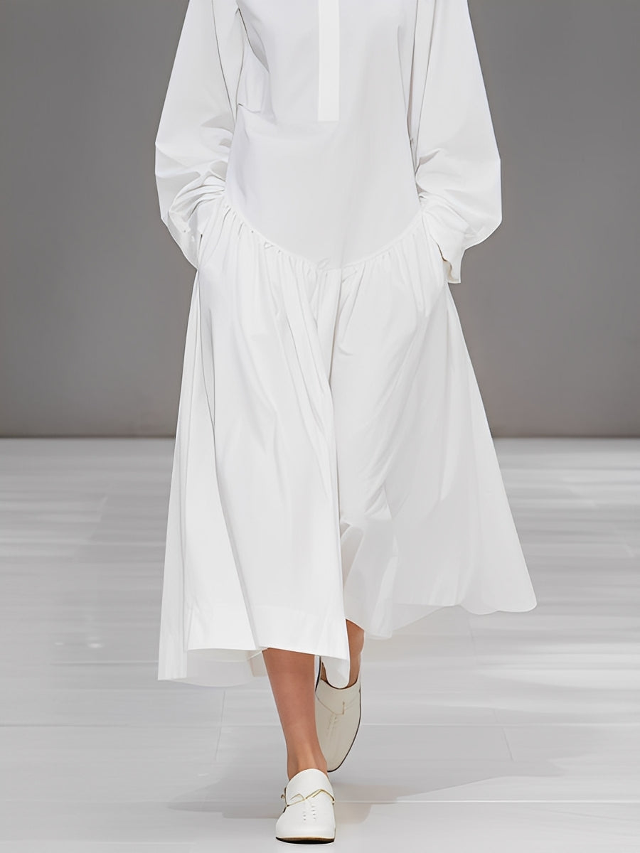 Women's Crisp White Cotton-Blend Dress With Polo Collar & Pleated Skirt, Timeless Minimalist-Chic Style Dress MDA2548L5I