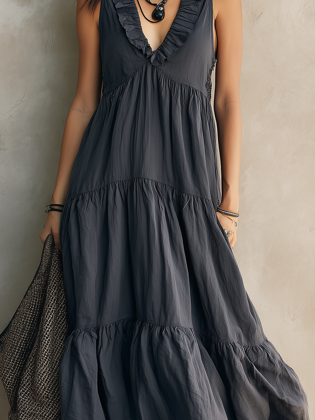 Women's Elegant Dark Blue Cotton Linen V-neck Sleeveless Loose-fitting Long Dress MDZ2708B8AN