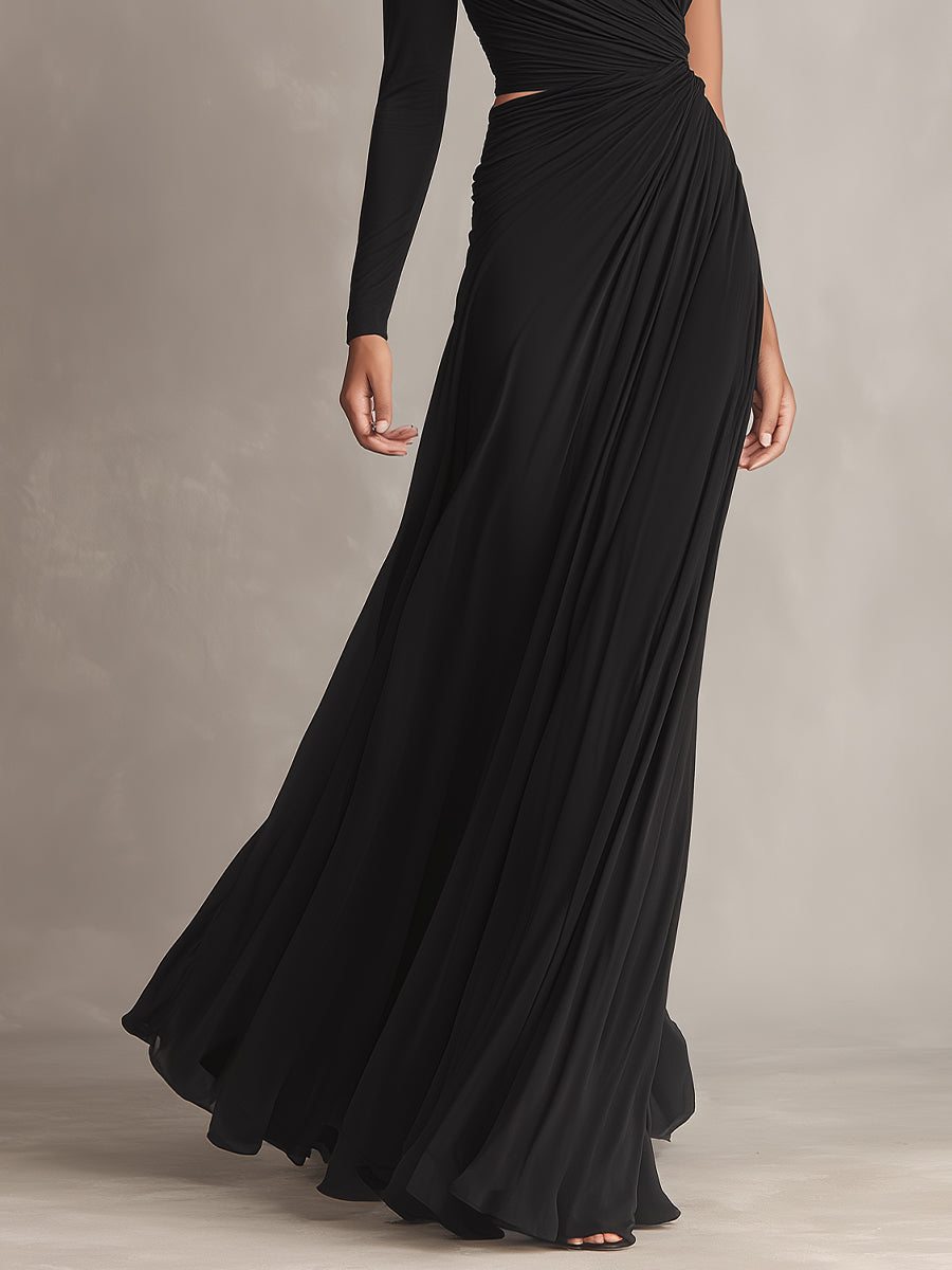 Women's Black Stretch Knit Dress With One-Shoulder Design & Cutout Detail, Timeless Sleek-Sexy Style Dress MDZ0987A0I