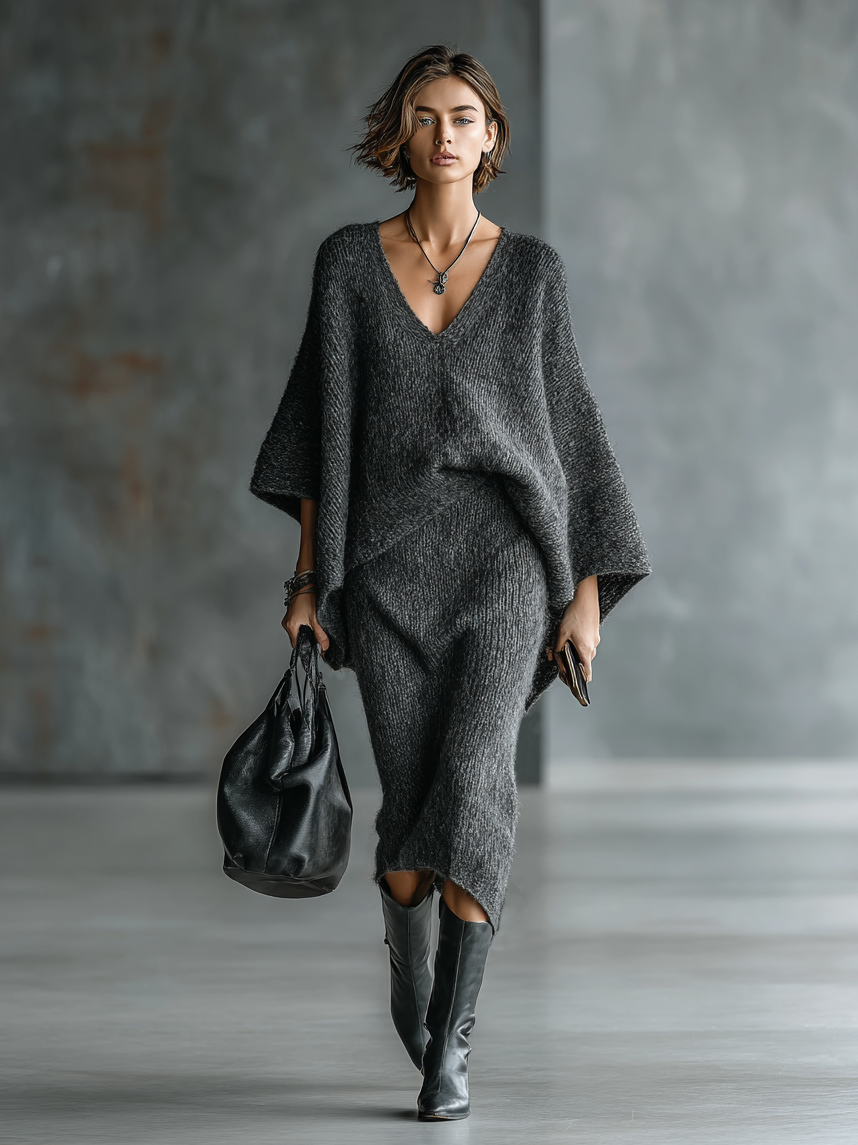 Women's Minimalist Knitted Batwing Sleeve Sweater And Skirt Set MDA1574L0Y