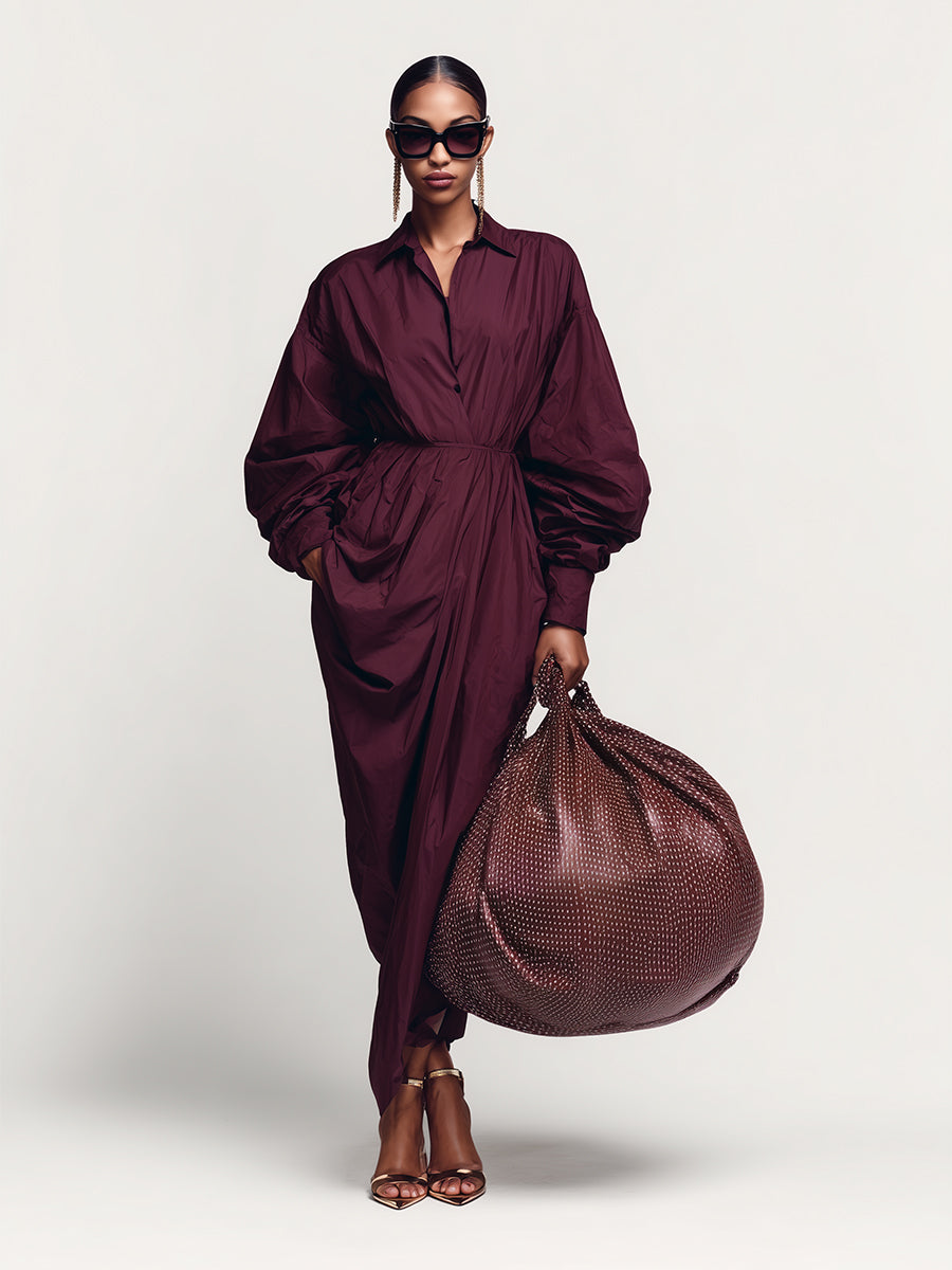 Women's Burgundy Crisp Cotton Elegant Maxi Dress With Shirt Collar & Puff Sleeves, Avant-Garde Style Dress MDA3063J7I