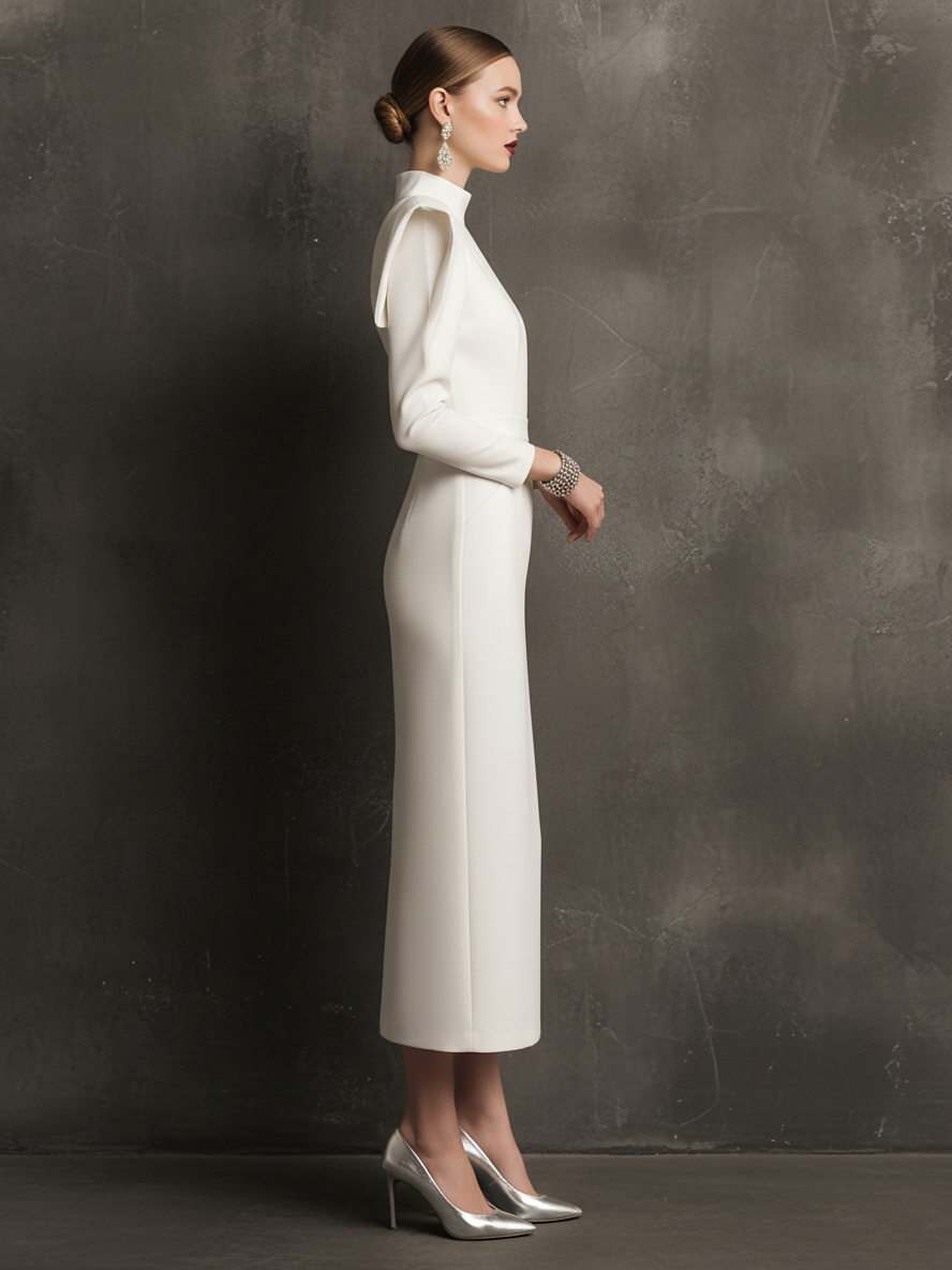 Women's Glamorous Wool-Blend White Turtleneck Dramatic-Shoulder Maxi Sheath Dress MDA1279L4AU