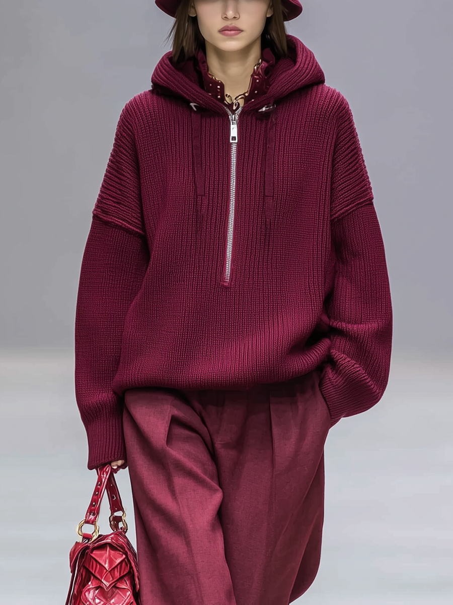 Women's Burgundy Knit Half-zip Loose Top And Straight-leg Pants Set MDA0345K8T