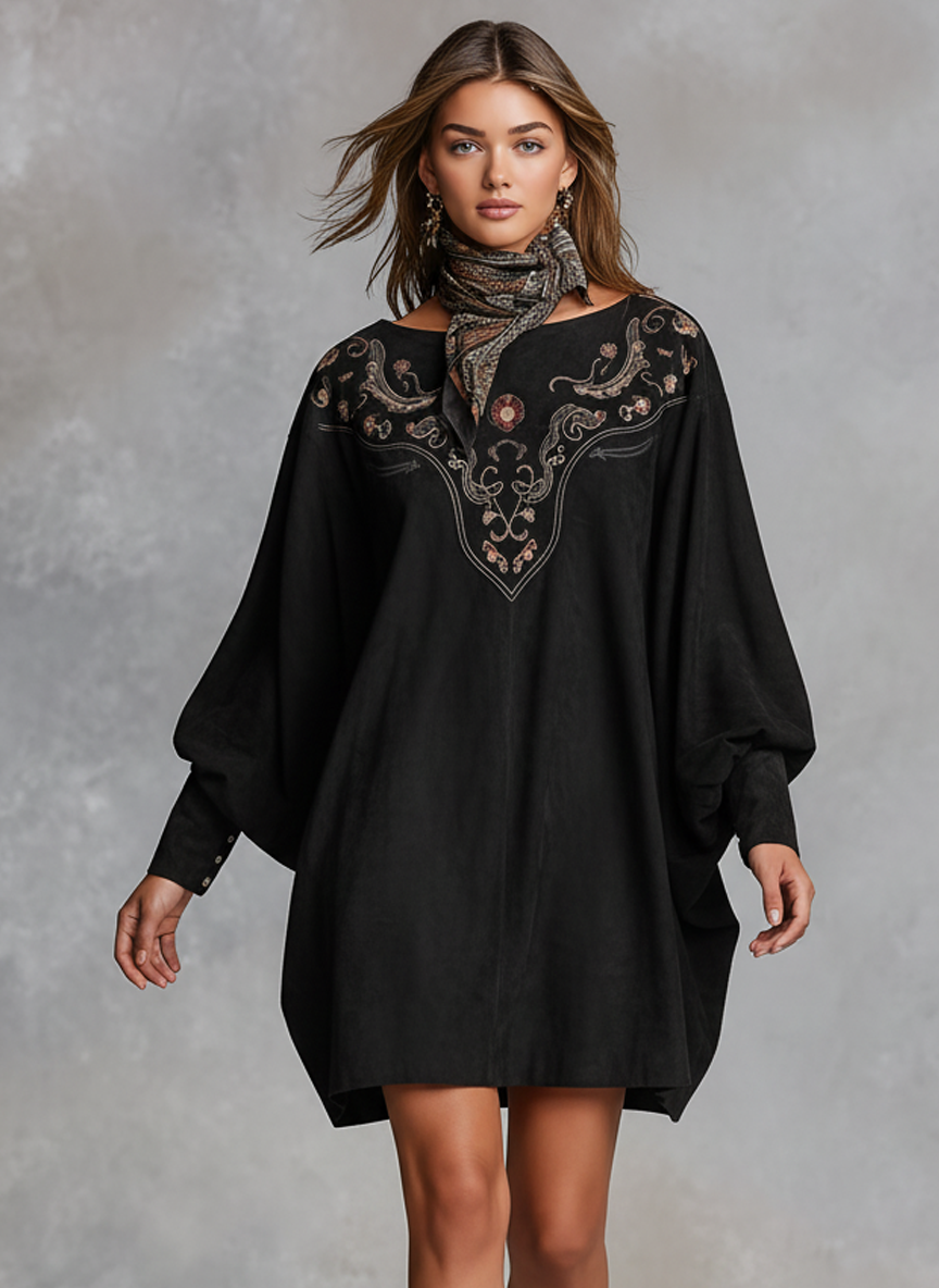Women's Loose-fitting Faux Suede Embroidered Round Neck Batwing Sleeve Mini Dress MDA3059J8Y