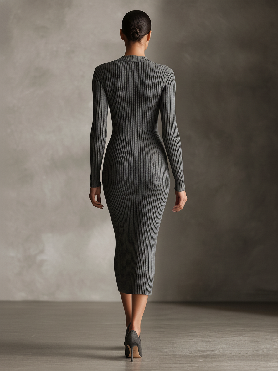 Women's Elegant Knit Charcoal Gray V-Neck Button-Front Ribbed Midi Dress MDA1975L3AU