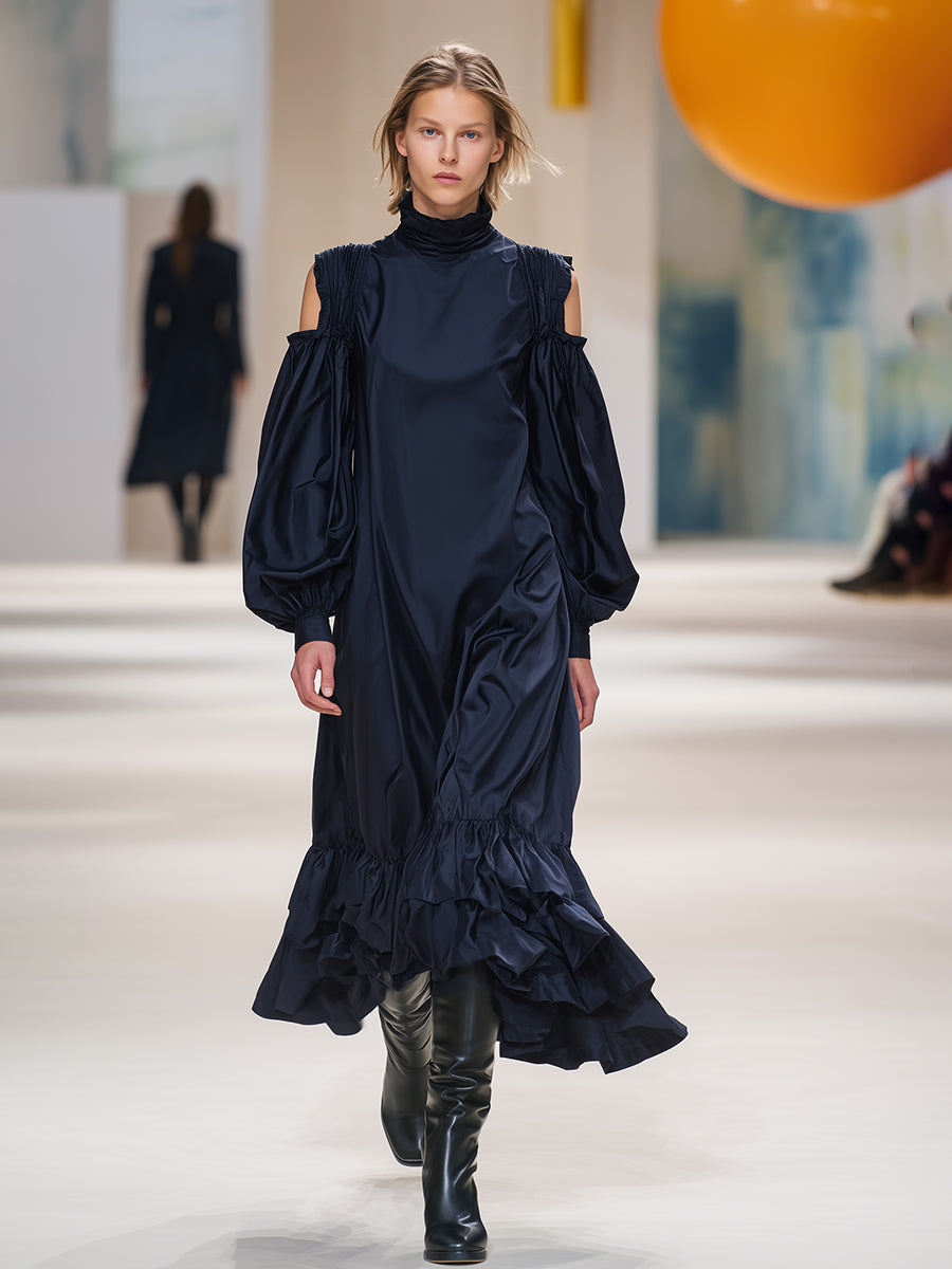 Women's Navy Satin Elegant Dress With Cold Shoulder & Puff Sleeves Midi Dress MDA2995K2I