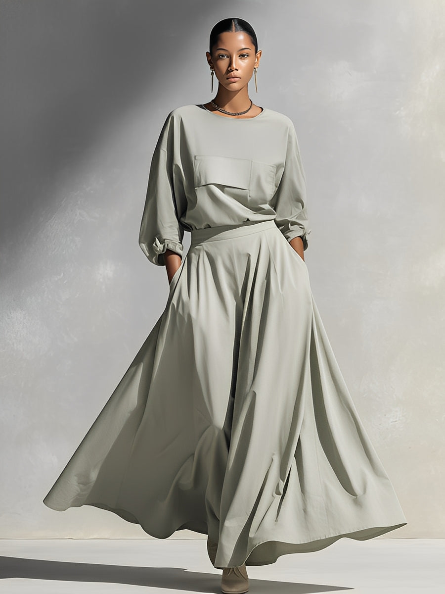 Women's Green Cotton Fabric Chic Oversized-Pocket Wide-Leg Skirt Set MDA2180K5I