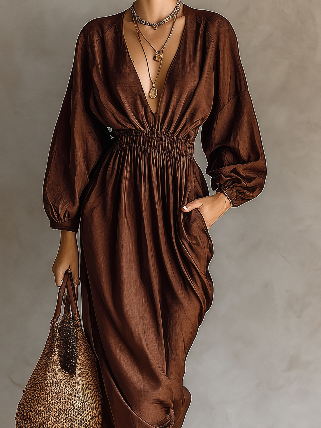 Women's Elegant Brown Satin V-neck Long-sleeved Dress With Gathered Waist MDA1816L4AN