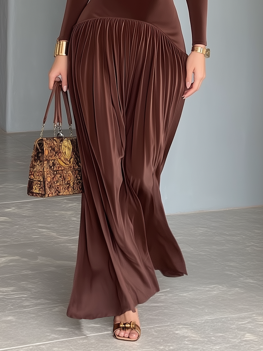 Women's Dark Brown Satin V-Neck Waisted Maxi Dress MDA1700I1T