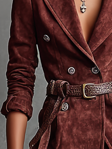 Women's Fashion Suede Peak Collar Double-Breasted Blazer (Belt Not Included) MDA2698H1Y