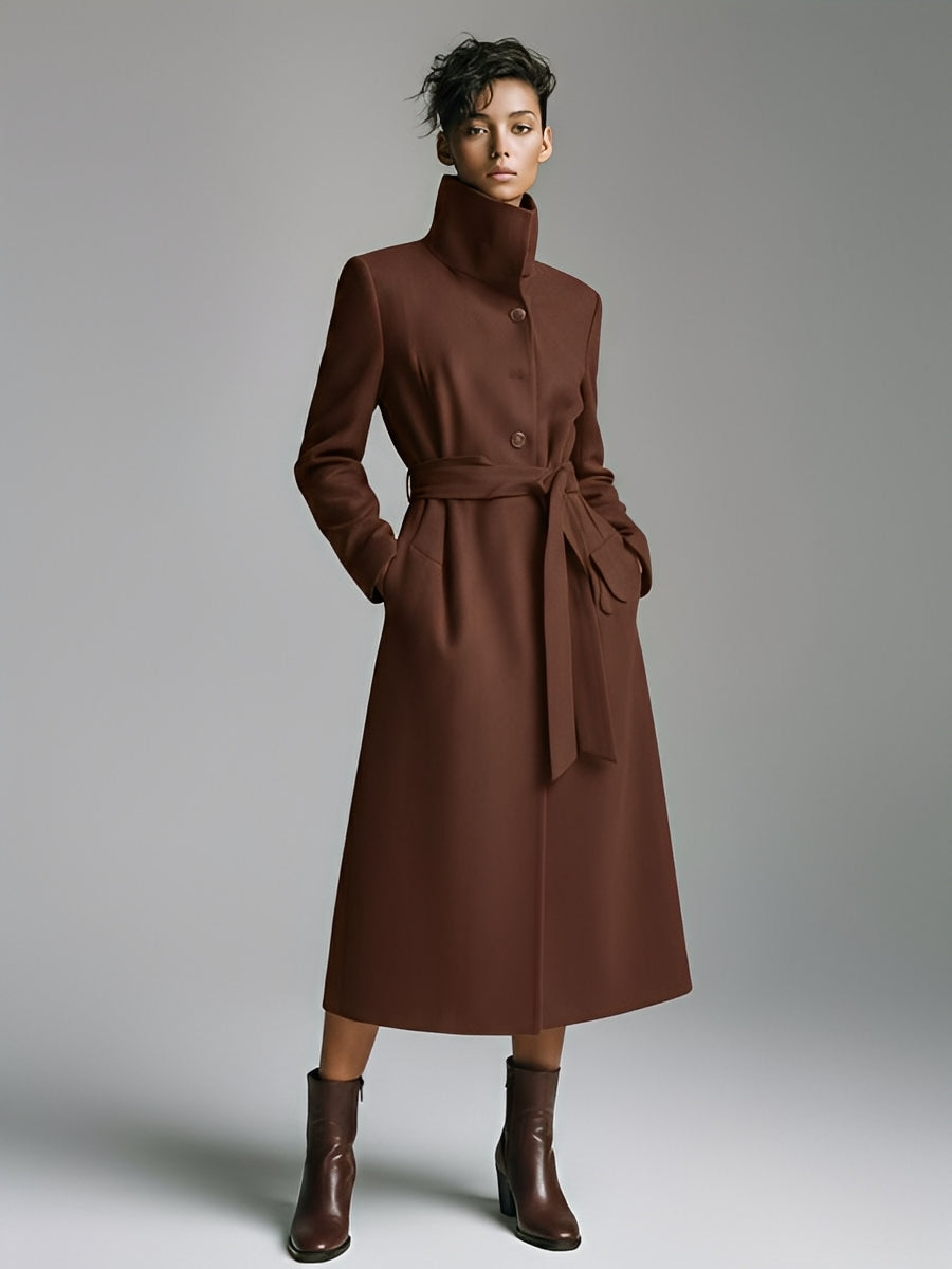 Women's Brown Sophisticated Wool - Blend Button - Front Belted Coat MDA2191J4I