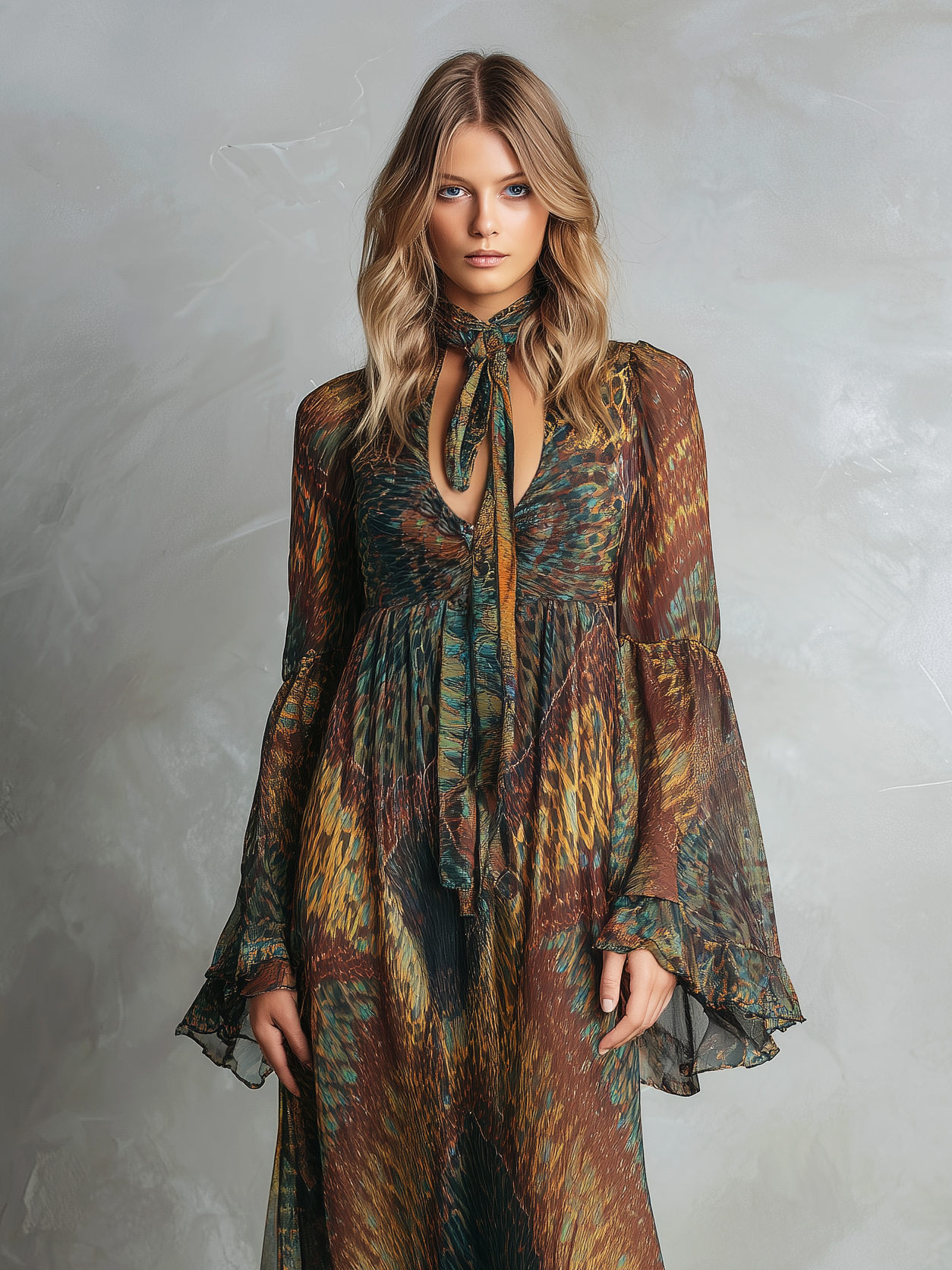 Women's Elegant And Romantic Printed Chiffon V-neck Long-sleeved Loose-fitting Maxi Dress MDZ2648B7AN