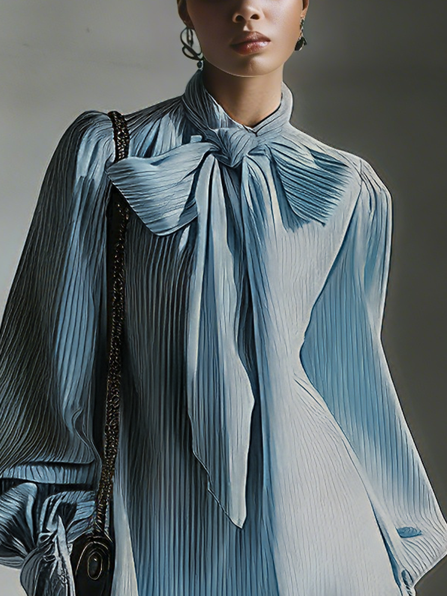 Women's Light Blue Striped Cotton Blend Fabric Bow-Neck Puff-Sleeve Mini Shirt Dress MDA2569L4T