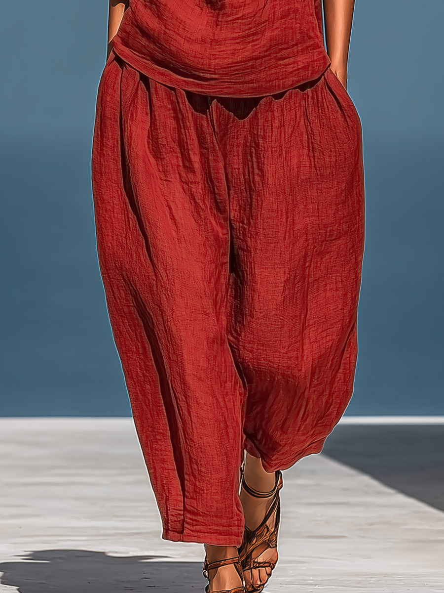 Women’s Red Linen-Blend Two-Piece Set: Asymmetrical One-Shoulder Top (Without Neck Scarf) & Wide-Leg Pants With Pockets MDZ2201D4T