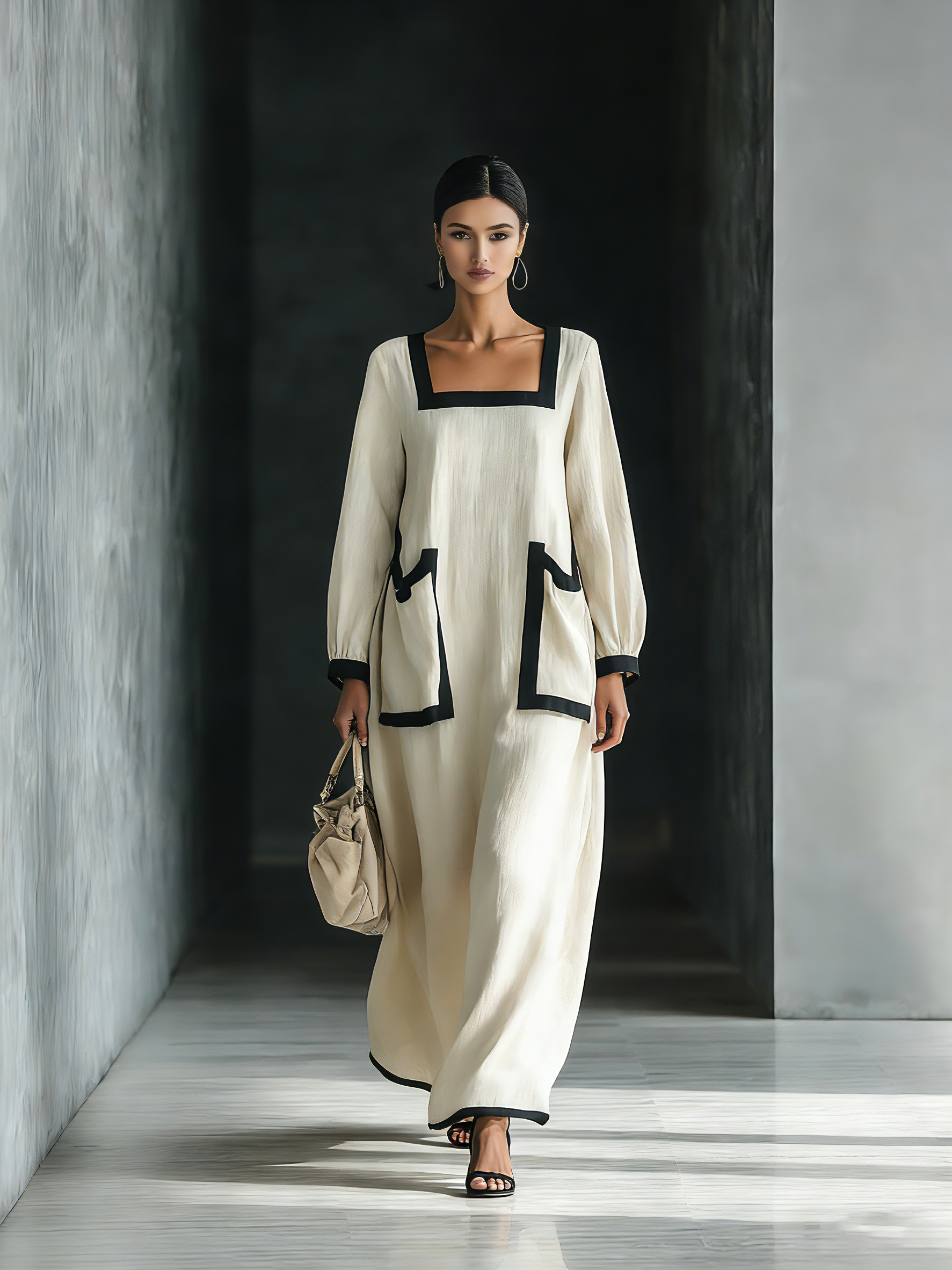 Women's Beige Cotton And Linen Blend Square-Neck Maxi Dress With Black Trim & Oversized Pockets MDZ1507A0T