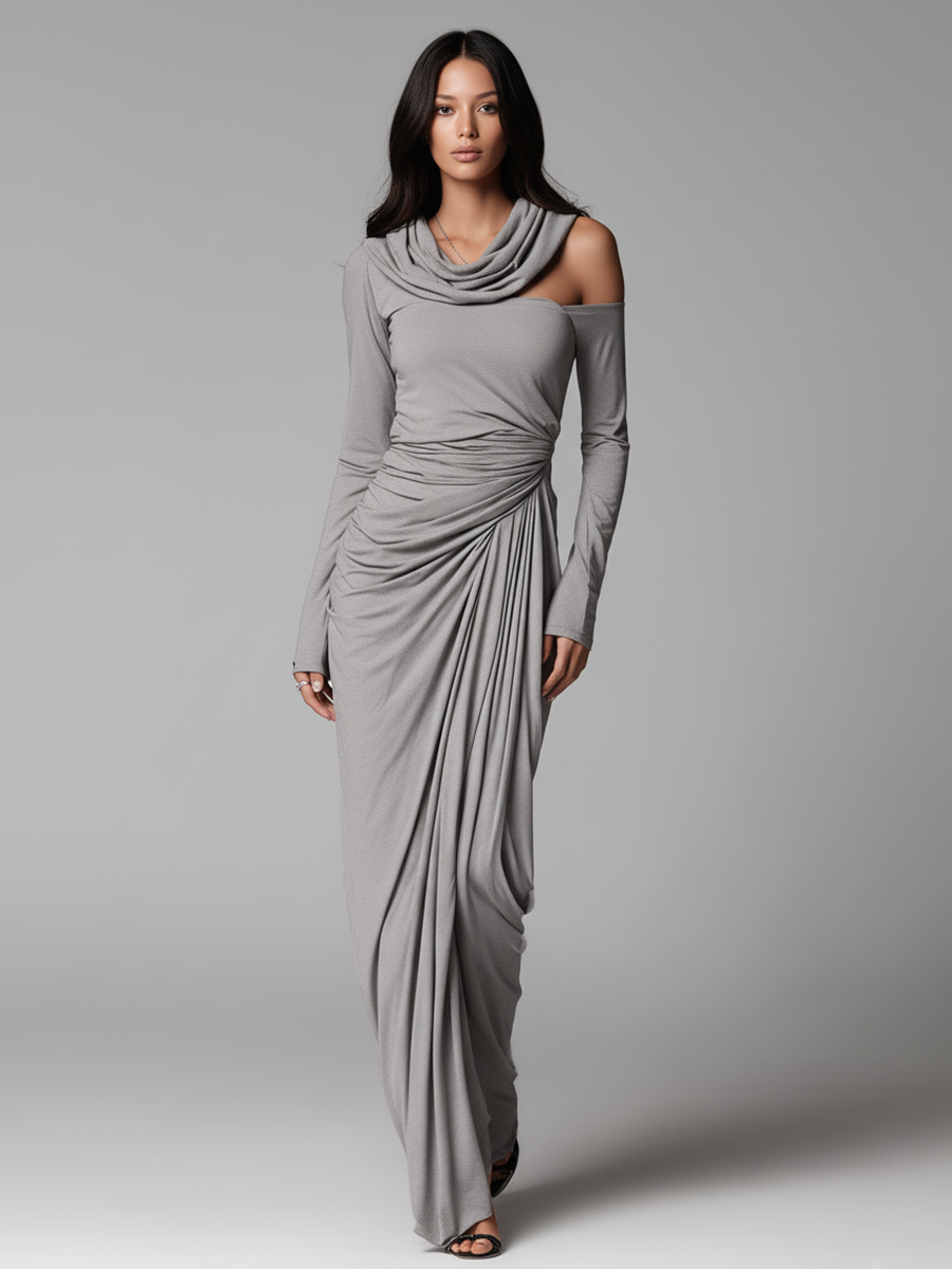 Women's Grey Draped Jersey Avant-Garde Asymmetric Cold-Shoulder Maxi Dress MDA0141K6I
